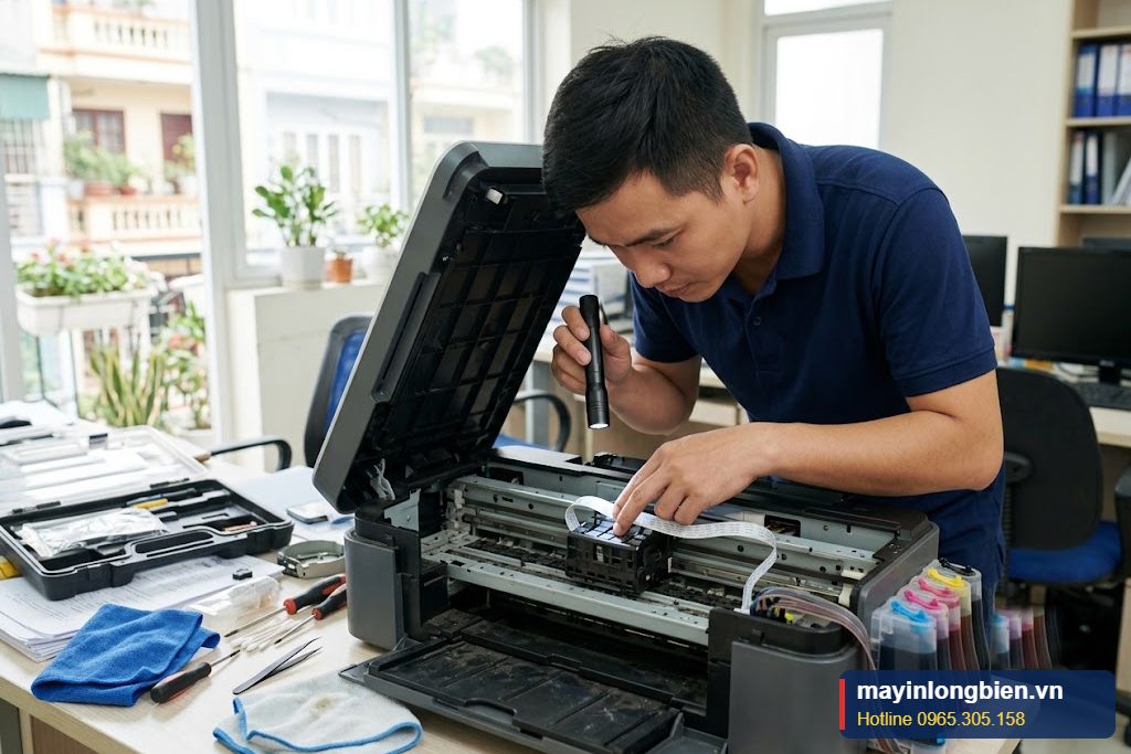 Kỹ thuật viên kiểm tra và thay cáp đầu phun máy in màu tại văn phòng ở Hà Nội Kỹ thuật viên kiểm tra và thay cáp đầu phun máy in màu tại văn phòng ở Hà Nội