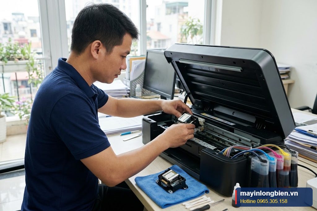 Kỹ thuật viên thay đầu phun máy in màu Epson tại văn phòng ở Hà Nội Kỹ thuật viên thay đầu phun máy in màu Epson tại văn phòng ở Hà Nội