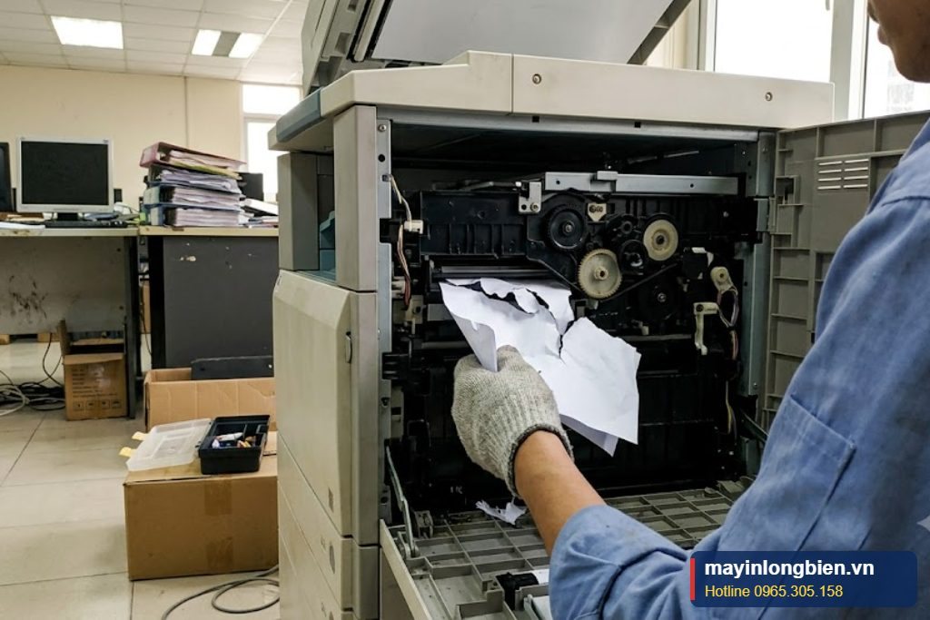 Kéo mạnh tay giấy kẹt trong máy photocopy Kéo mạnh tay giấy kẹt trong máy photocopy