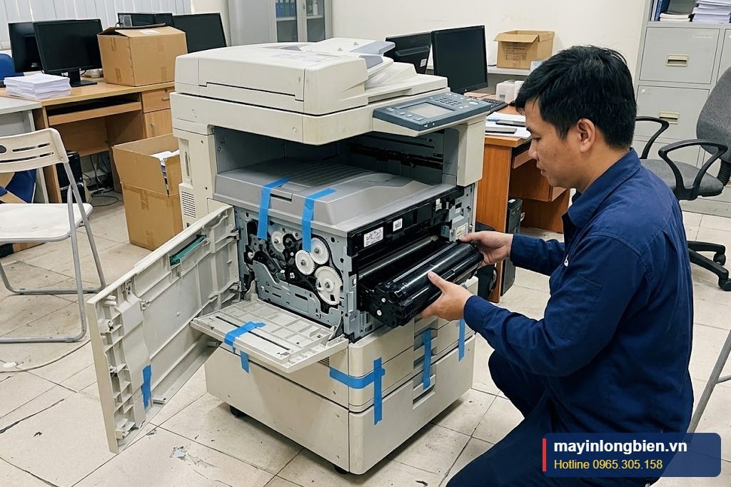 Tháo hộp mực, cố định khay trước khi vận chuyển máy photocopy