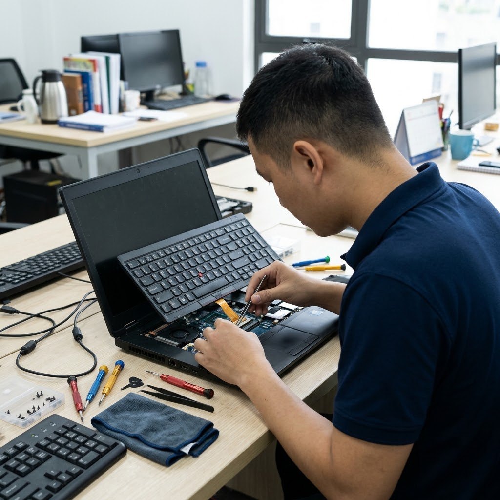 Kỹ thuật viên kiểm tra cáp bàn phím laptop