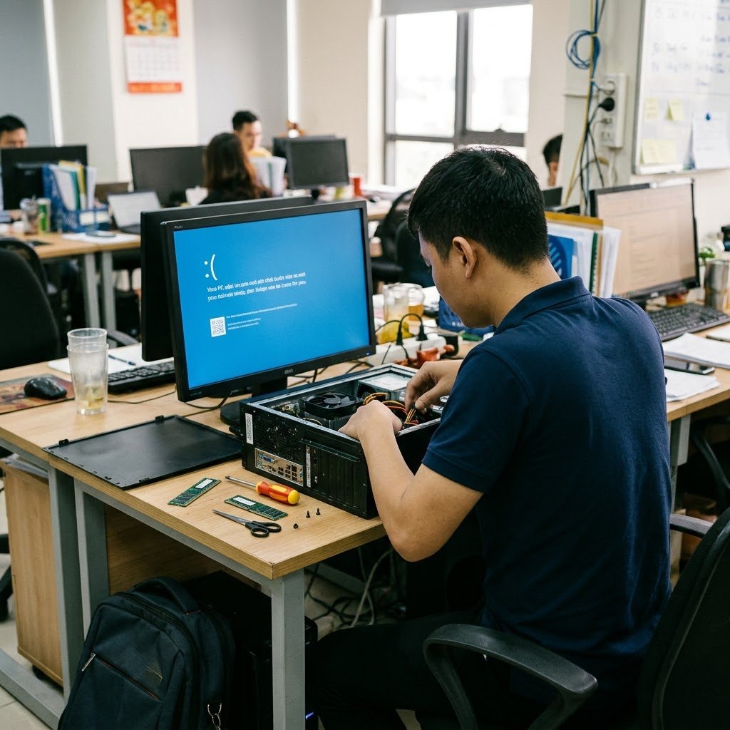 Kỹ thuật viên kiểm tra máy tính bị lỗi màn hình xanh