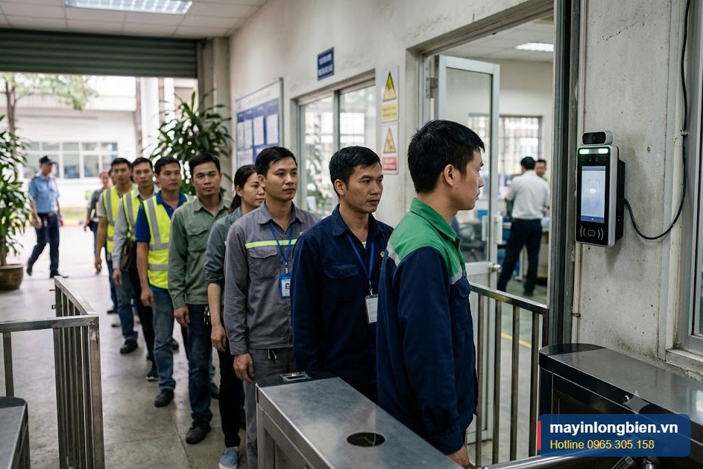 Máy chấm công khuôn mặt hoạt động ổn định ở lối vào nhà máy
