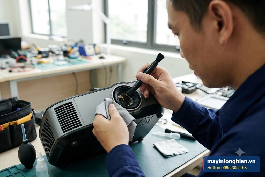 Vệ sinh ống kính máy chiếu bằng khăn và bút lau chuyên dụng Vệ sinh ống kính máy chiếu bằng khăn và bút lau chuyên dụng