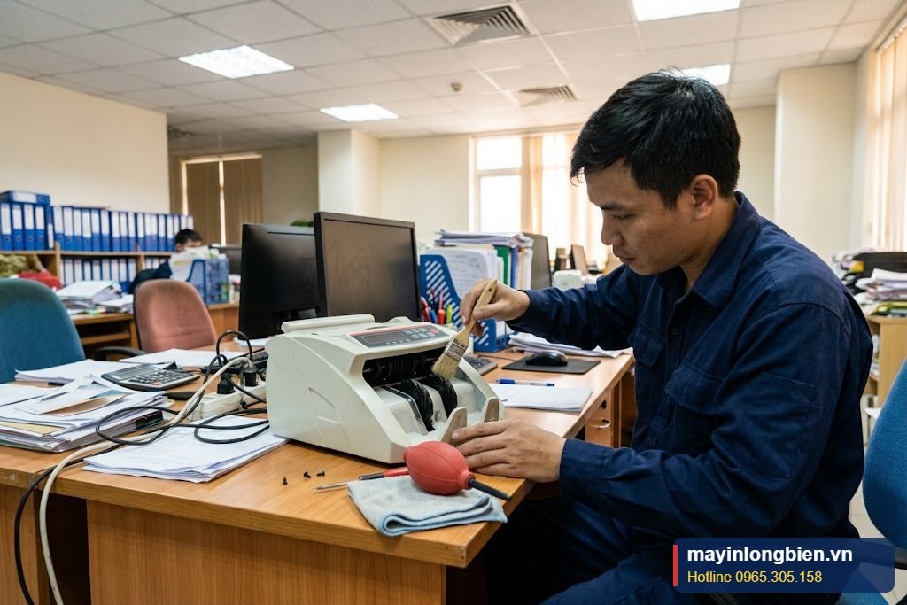 Vệ sinh máy đếm tiền bằng chổi mềm và bóng thổi