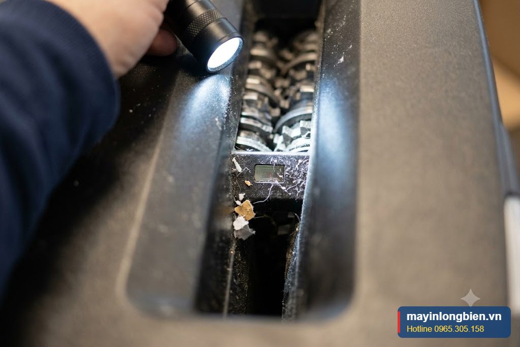 Mắt cảm biến ở khe nạp giấy máy hủy bị giấy vụn che