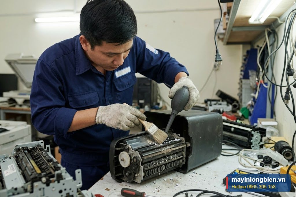 Vệ sinh cảm biến máy hủy bằng chổi mềm và bóng thổi