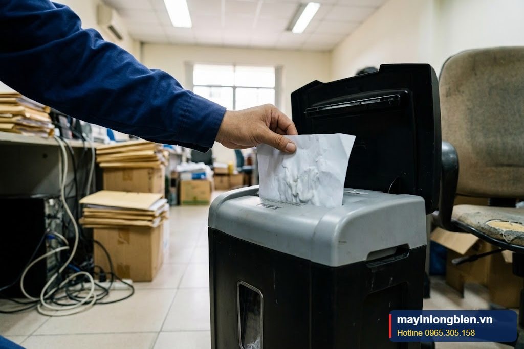 Cho tờ giấy tẩm dầu vào máy hủy để dầu thấm đều dao