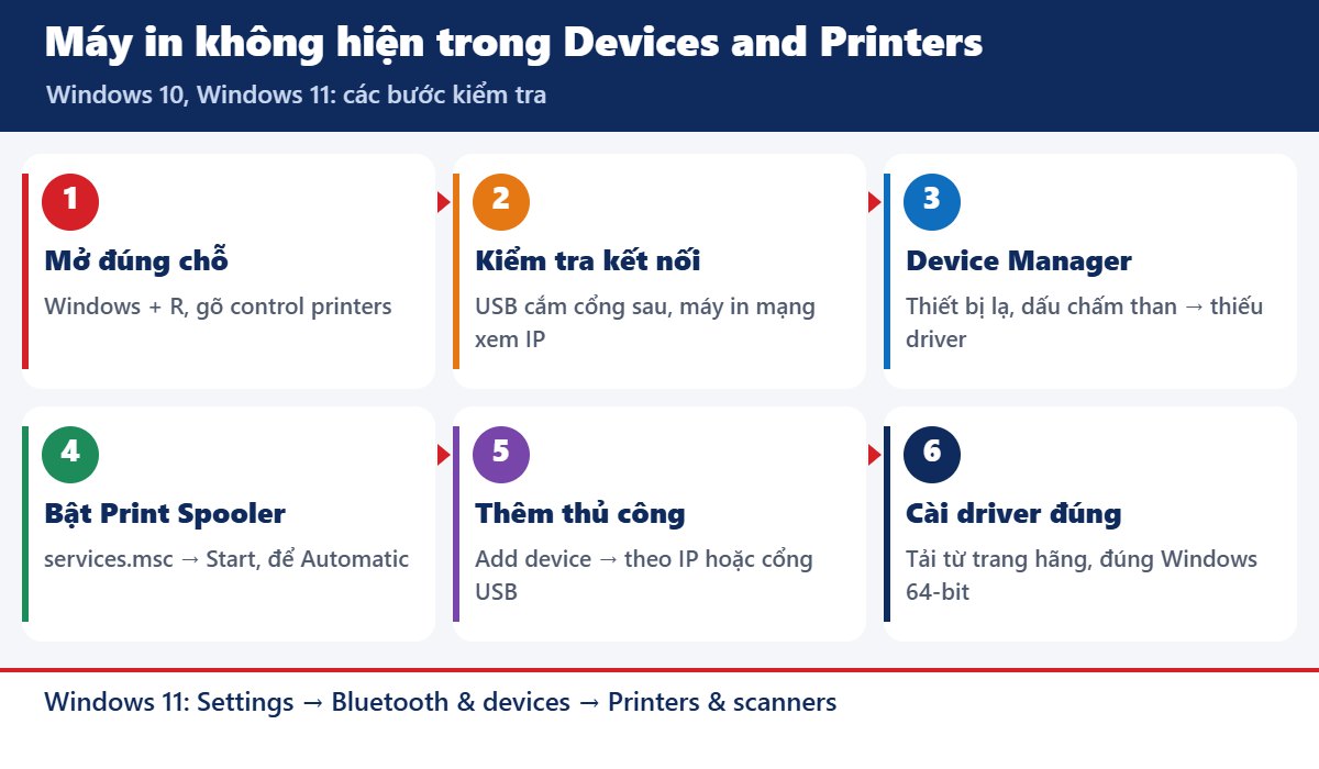 Các bước sửa máy in không hiển thị trong Devices and Printers Windows 10, 11