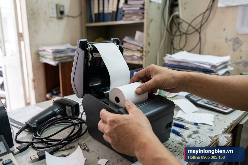 Đặt cuộn giấy in nhiệt đúng chiều trong máy in bill Đặt cuộn giấy in nhiệt đúng chiều trong máy in bill