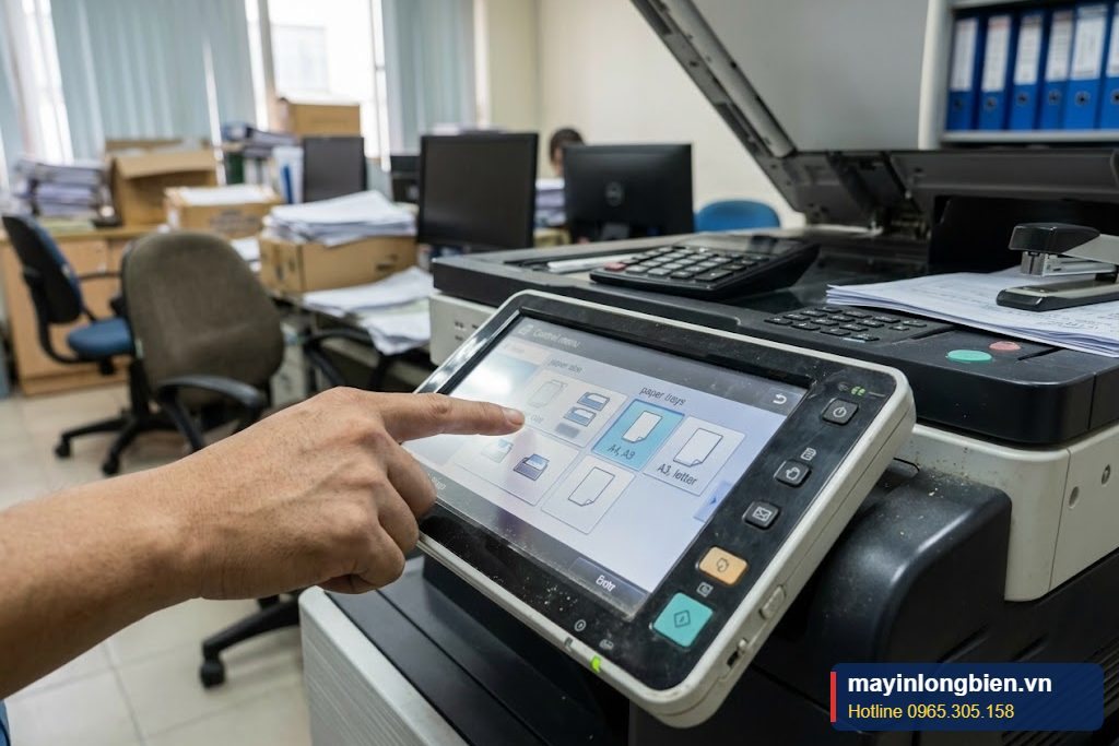 Cài đặt khổ và loại giấy cho từng khay trên màn hình máy photocopy Cài đặt khổ và loại giấy cho từng khay trên màn hình máy photocopy
