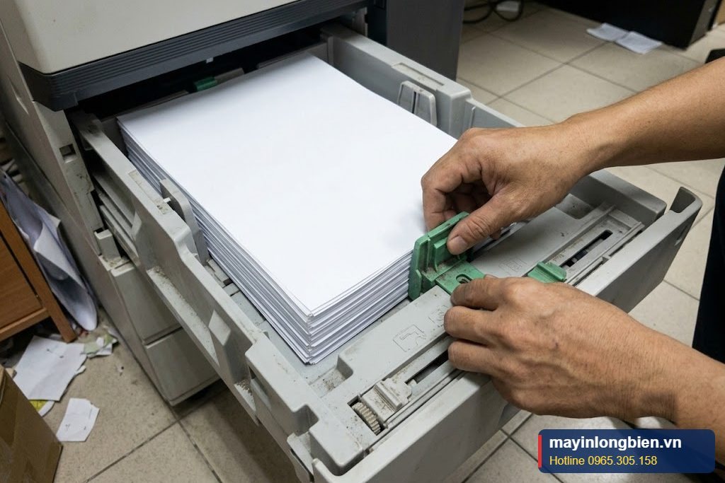 Chỉnh thanh chặn giấy khay máy photocopy vừa khít khổ giấy Chỉnh thanh chặn giấy khay máy photocopy vừa khít khổ giấy