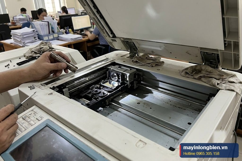 Cụm quét bên dưới mặt kính máy photocopy Canon sau khi tháo kính