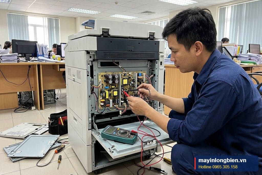 Bo nguồn máy photocopy được kỹ thuật kiểm tra bằng đồng hồ đo