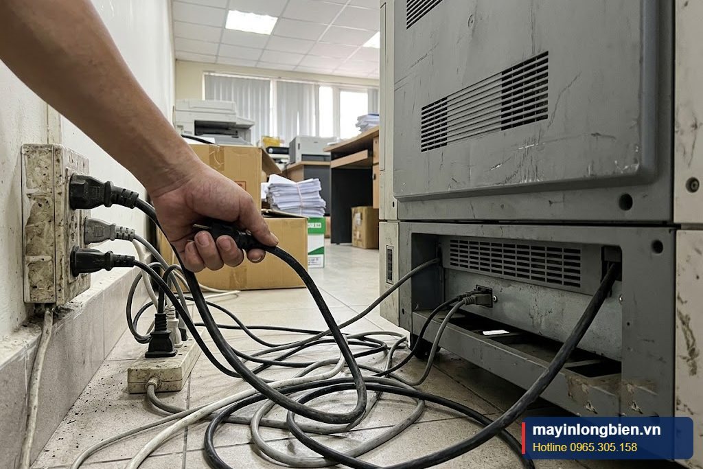 Kiểm tra dây nguồn và ổ cắm phía sau máy photocopy