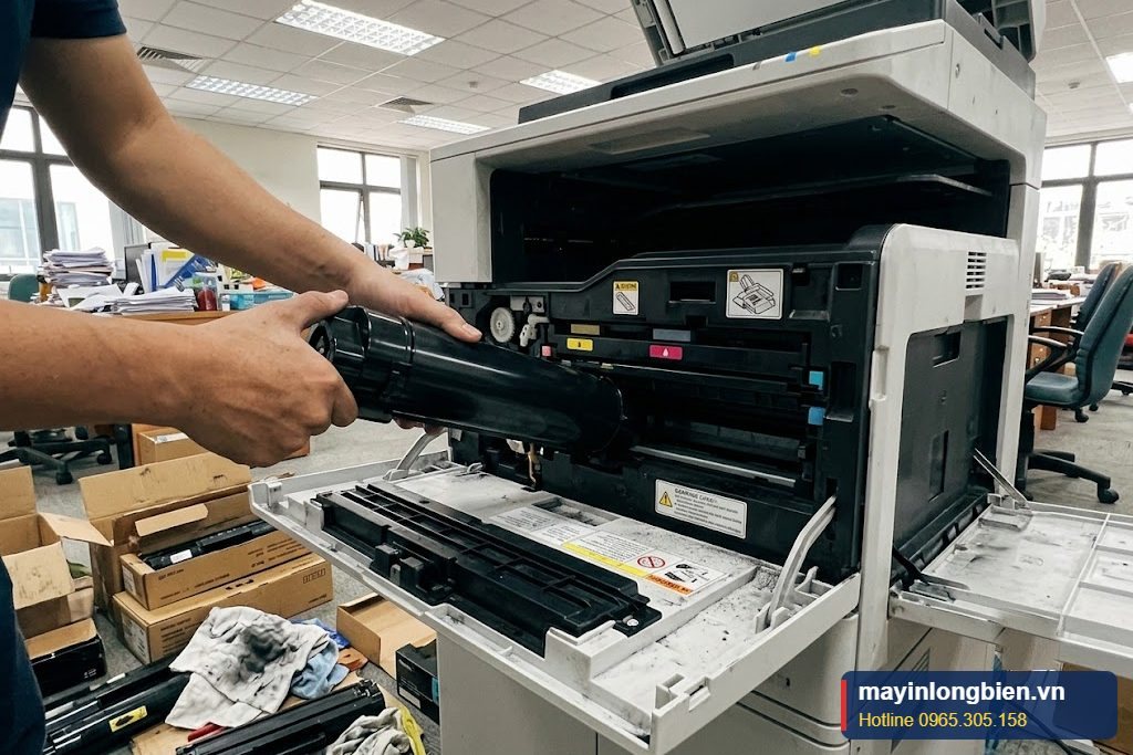 Lắp hộp mực vào máy photocopy đúng vị trí, nghe tiếng khớp