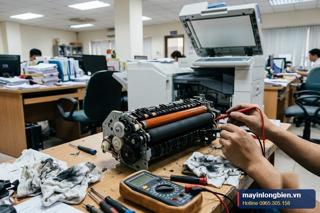 Cụm sấy máy photocopy được tháo ra để kiểm tra đèn sấy và cảm biến nhiệt Cụm sấy máy photocopy được tháo ra để kiểm tra đèn sấy và cảm biến nhiệt