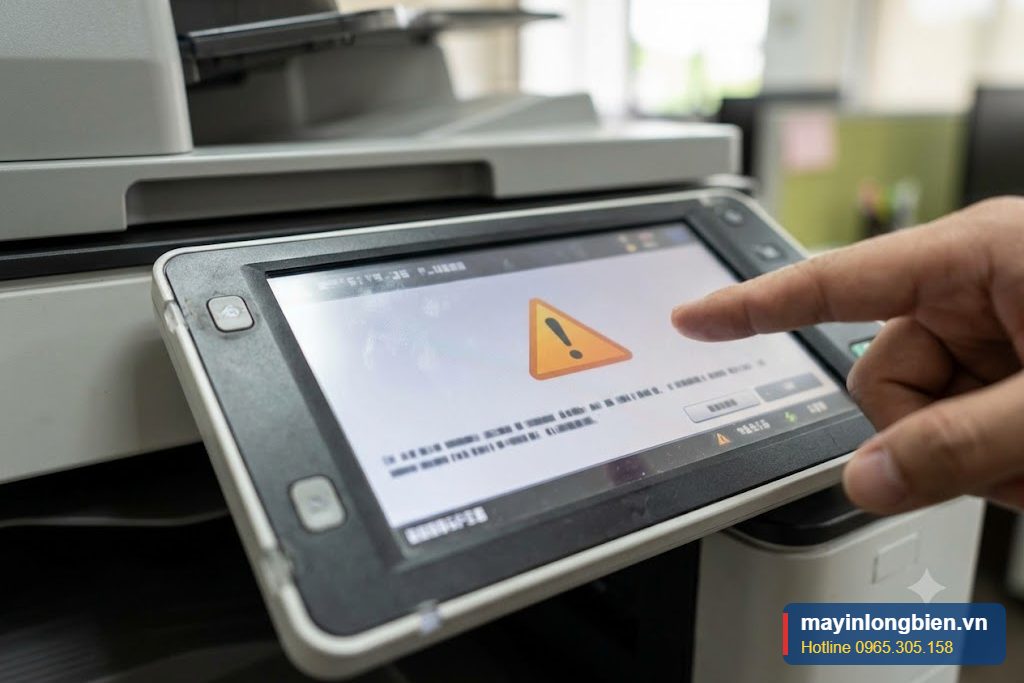 Bảng điều khiển máy photocopy báo lỗi và yêu cầu gọi kỹ thuật