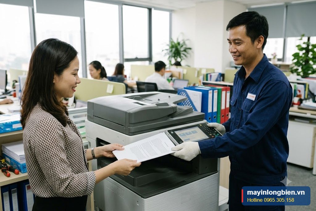 Bàn giao máy photocopy cho nhân viên hành chính sau khi sửa