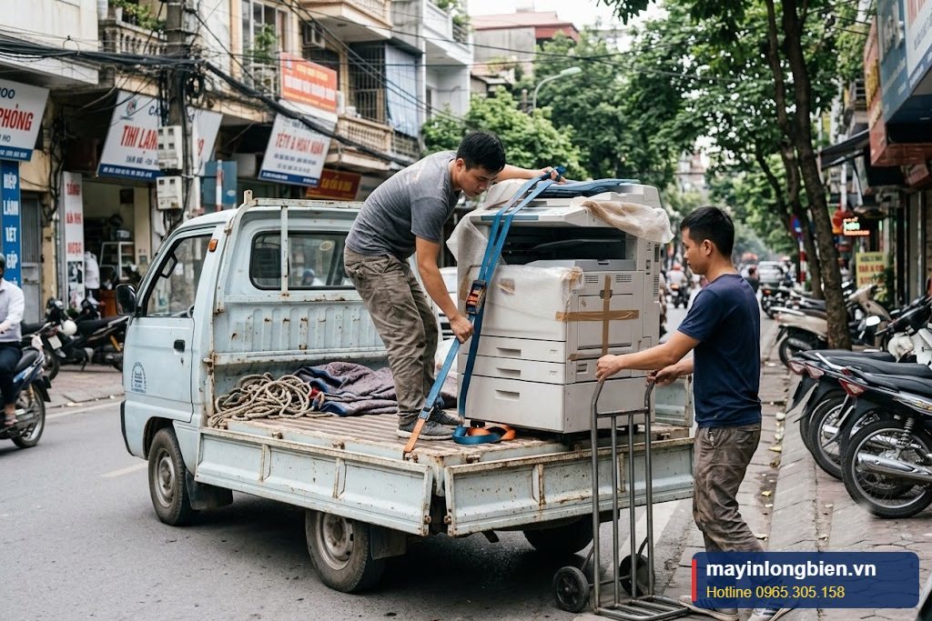 Máy photocopy được đưa lên xe về xưởng để đại tu Máy photocopy được đưa lên xe về xưởng để đại tu