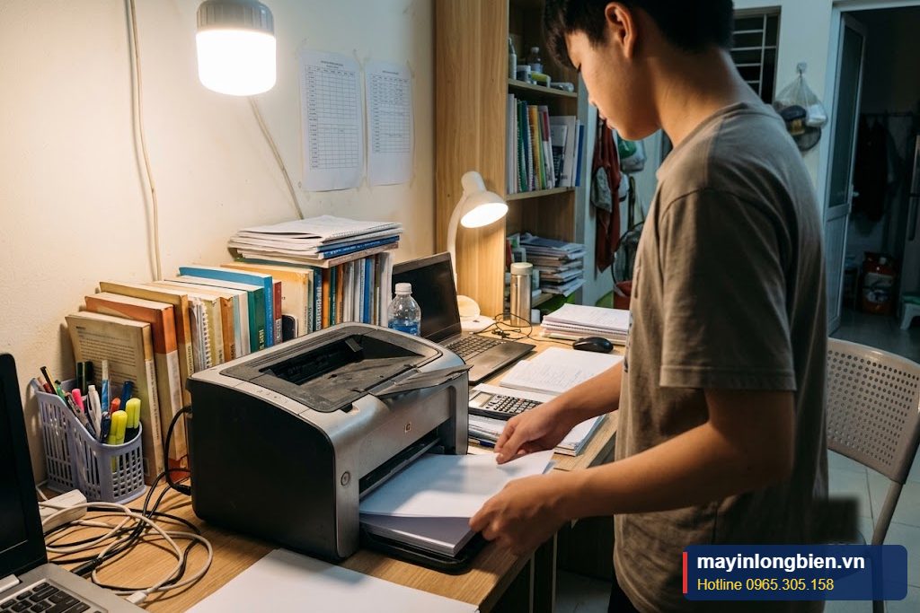 Học sinh in tài liệu ôn tập bằng máy in tại nhà