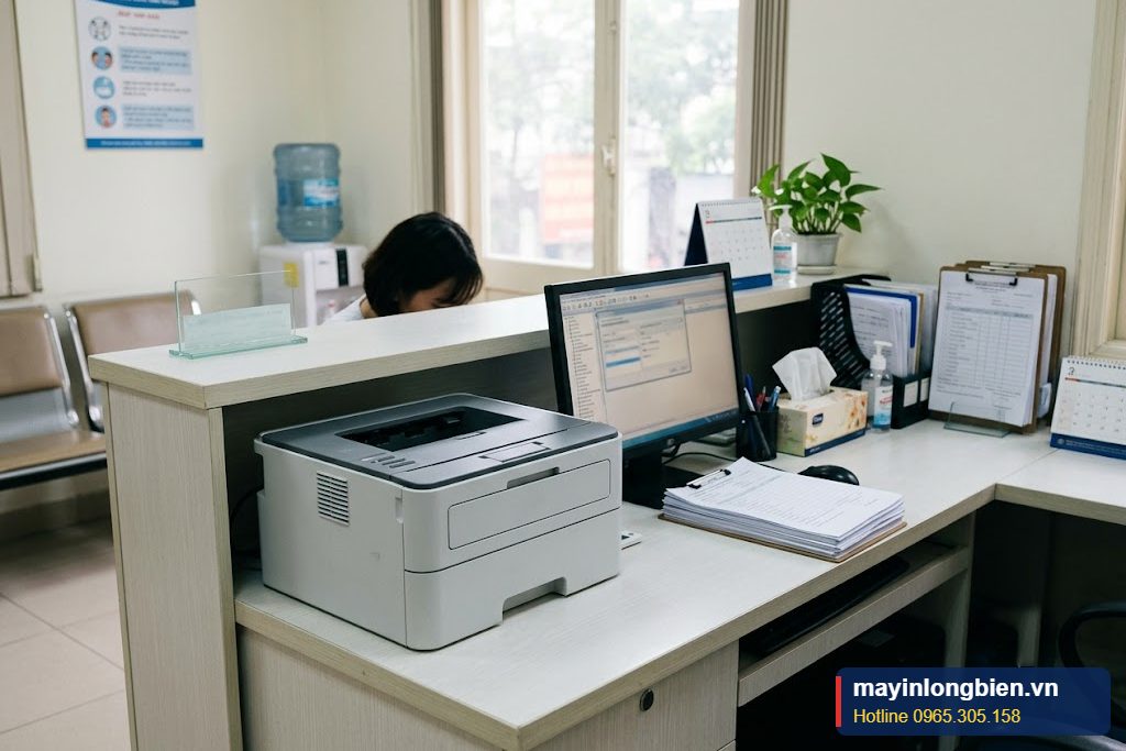 Máy in đặt tại quầy tiếp đón phòng khám