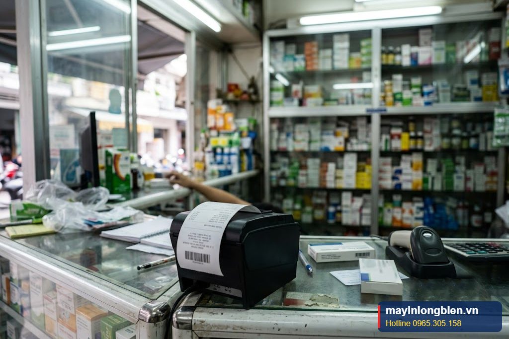 Máy in hóa đơn nhiệt tại quầy nhà thuốc