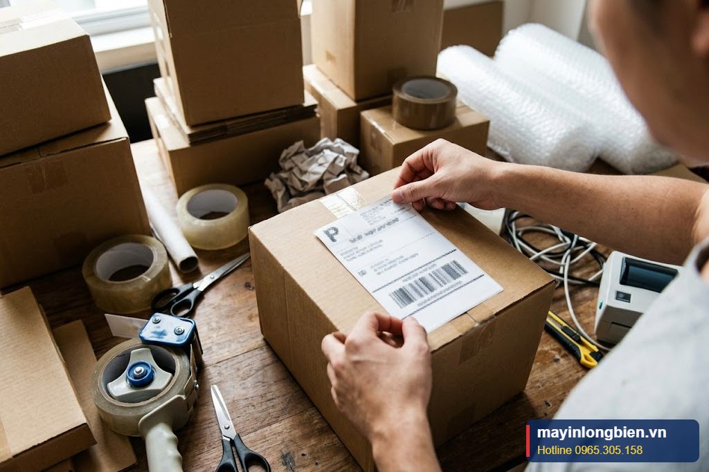 Dán tem vận đơn lên hộp hàng trước khi giao