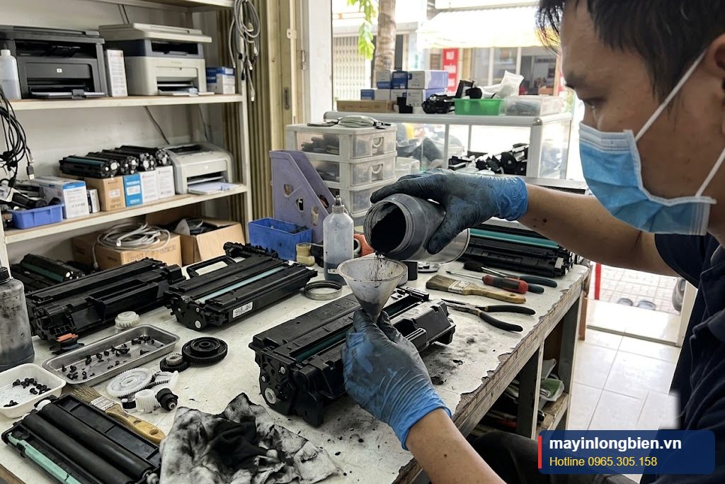 Kỹ thuật viên đổ mực vào hộp mực máy in laser tại xưởng
