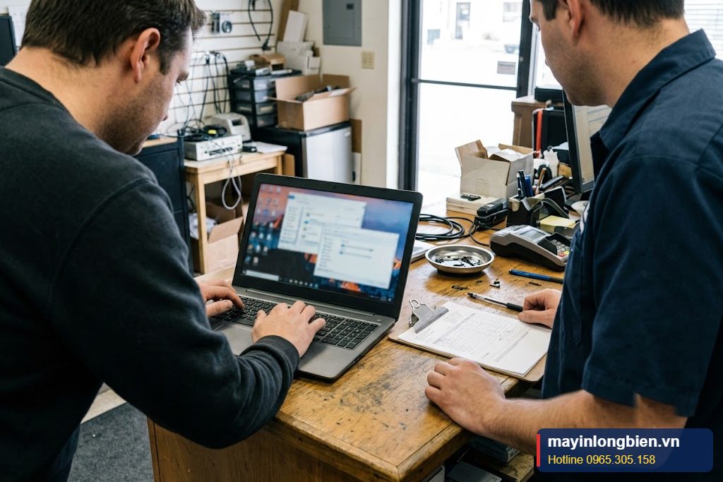 Bàn giao laptop sau sửa, khách kiểm tra lại máy Bàn giao laptop sau sửa, khách kiểm tra lại máy