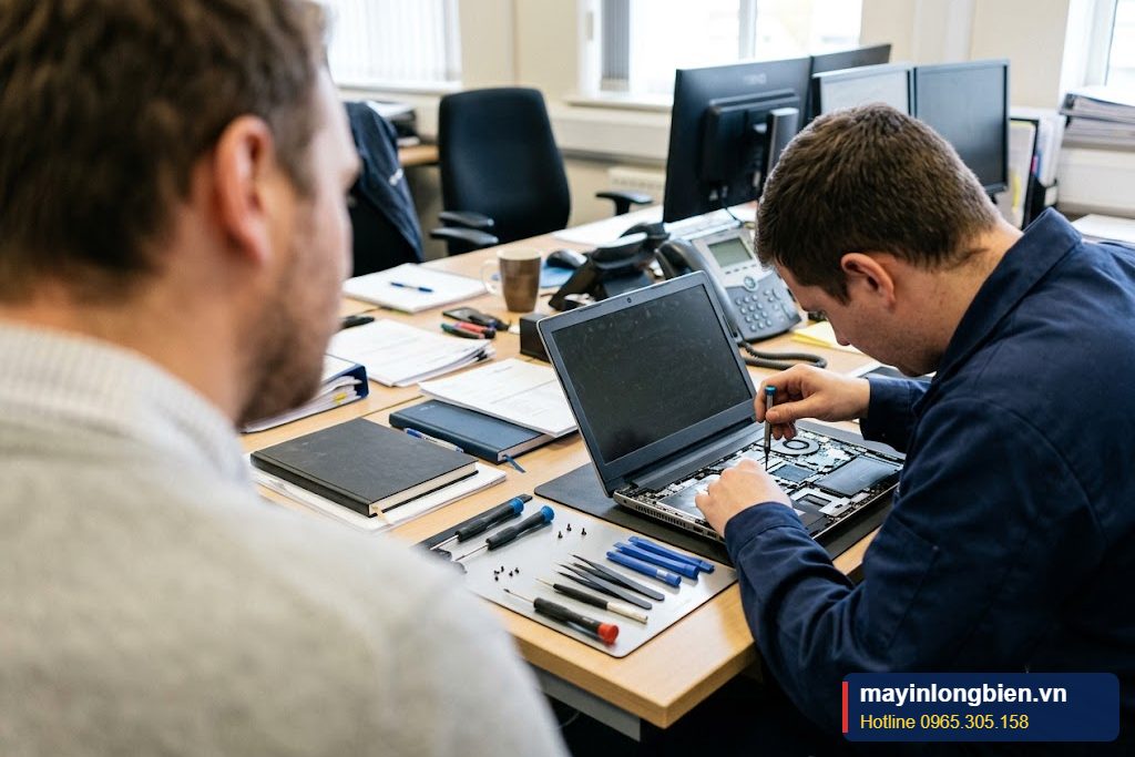 Kỹ thuật viên sửa laptop tại bàn làm việc của khách Kỹ thuật viên sửa laptop tại bàn làm việc của khách