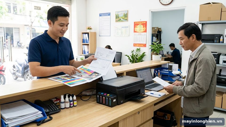 Kỹ thuật viên báo giá trước khi sửa máy in phun màu