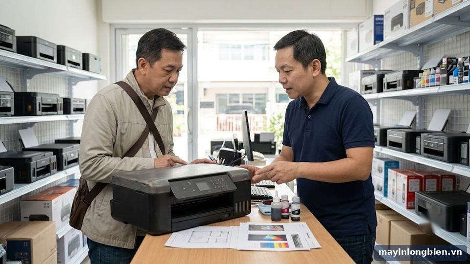 Khách hàng xem máy in phun màu cũ trước khi mua