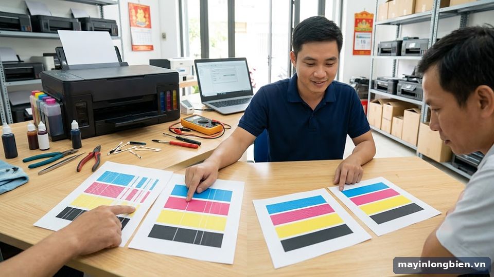 So sánh bản in kiểm tra vòi phun trước và sau xử lý
