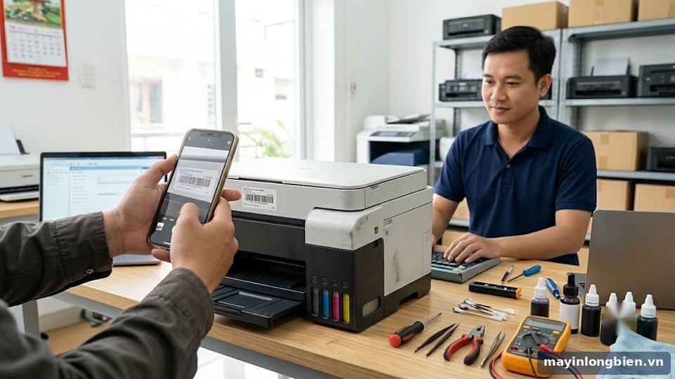 Chụp ảnh số seri máy in trước khi giao sửa
