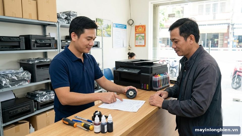 Kỹ thuật viên cho khách xem linh kiện cũ và phiếu bảo hành