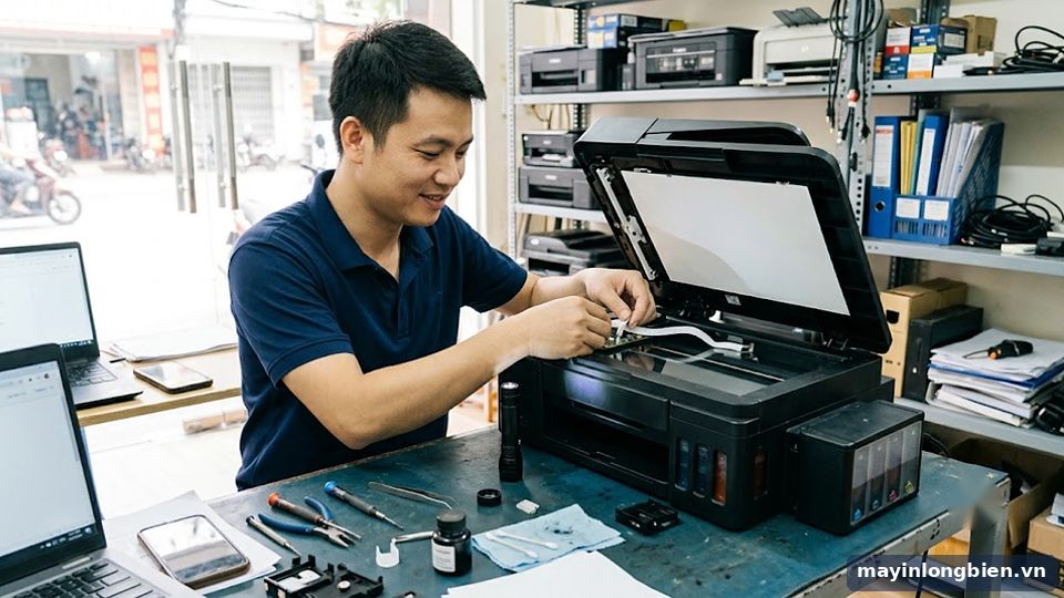 Kỹ thuật viên kiểm tra cáp cụm scan máy in đa năng