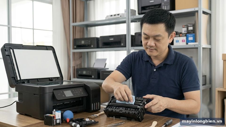 Kỹ thuật viên vệ sinh cụm in 2 mặt máy in phun màu Kỹ thuật viên vệ sinh cụm in 2 mặt máy in phun màu