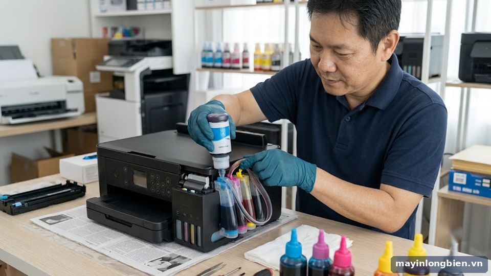 Kỹ thuật viên nạp mực chuyển nhiệt cho máy in phun màu Kỹ thuật viên nạp mực chuyển nhiệt cho máy in phun màu