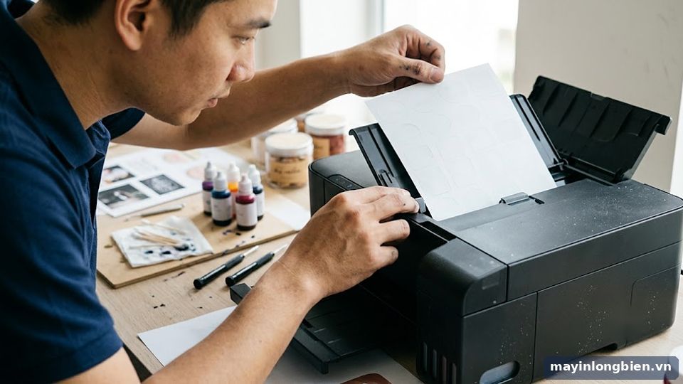 Nạp decal vào khay sau máy in phun màu