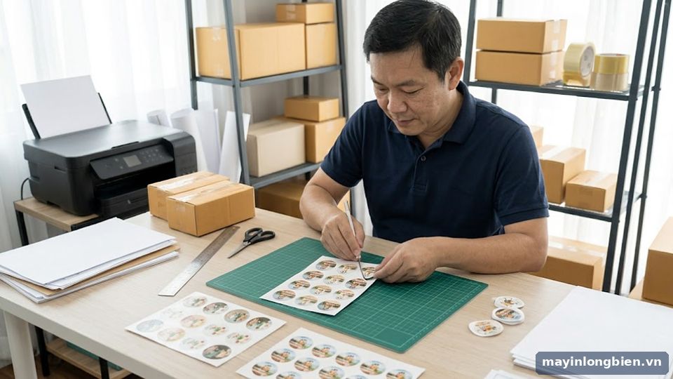 Cắt tem nhãn in bằng máy in phun màu