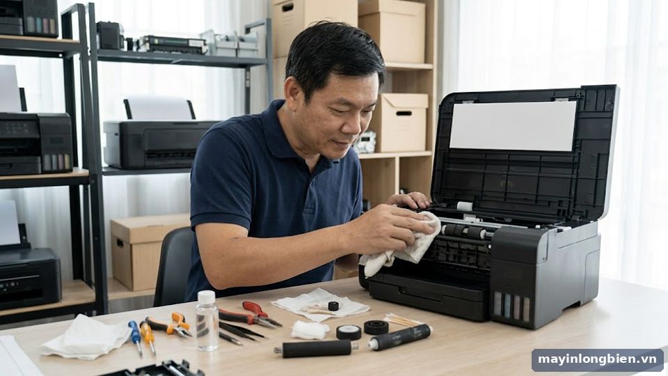 Kỹ thuật viên vệ sinh trục kéo giấy dính keo decal