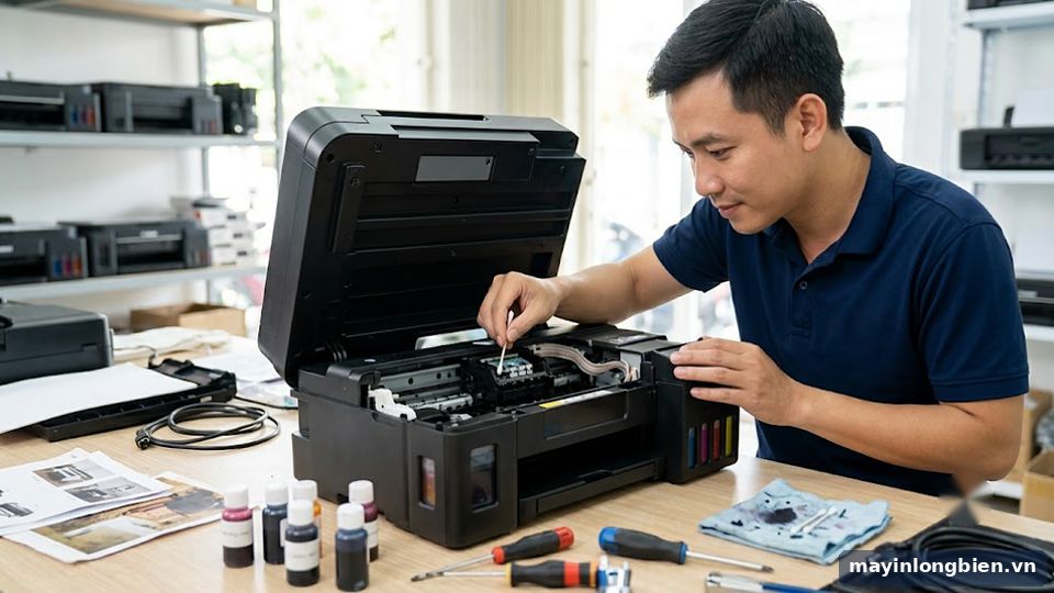 Vệ sinh đầu phun máy in phun màu tại văn phòng