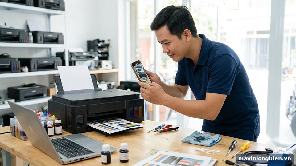 Quay video máy in cũ chạy thử trước khi giao