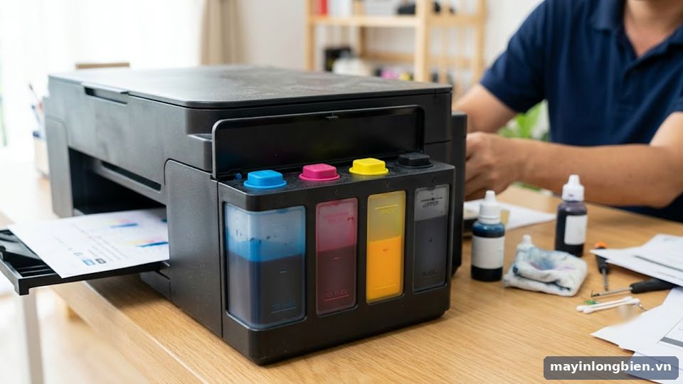 Kiểm tra mức mực máy in phun màu bình mực liền