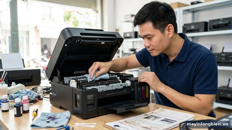 Vệ sinh bánh xe kéo giấy máy in phun màu