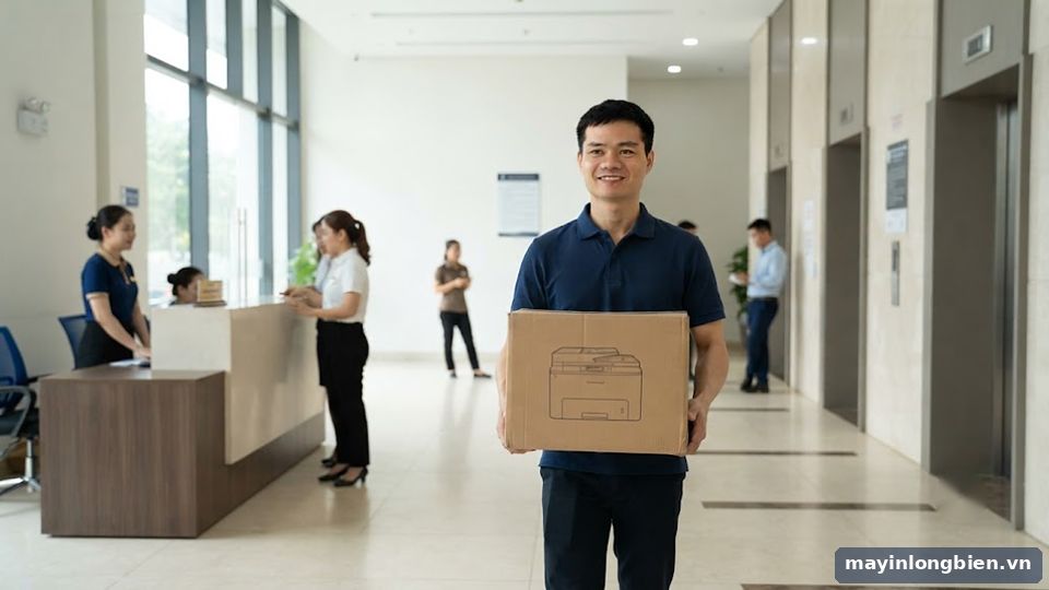 Kỹ thuật viên giao máy in phun màu tại chung cư Mỹ Đình
