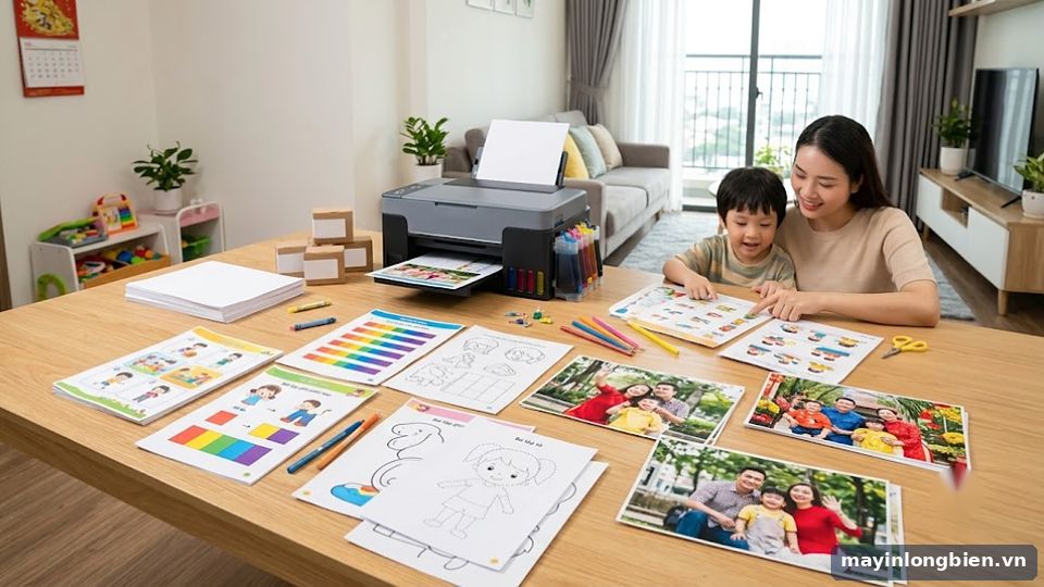 Bản in màu bài tập và ảnh gia đình từ máy in phun