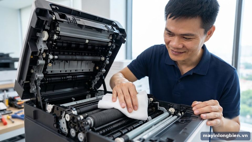 Vệ sinh cao su kéo giấy máy in