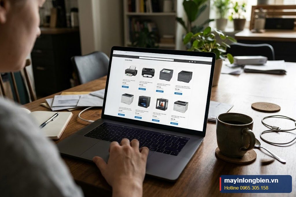 Người dùng xem máy in trên trang mua sắm trực tuyến Người dùng xem máy in trên trang mua sắm trực tuyến